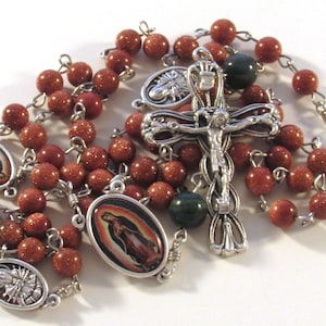 Our Lady of Guadalupe Goldstone and Indian Bloodstone Gemstone Handmade Catholic Rosary