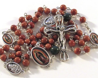Our Lady of Guadalupe Goldstone and Indian Bloodstone Gemstone Handmade Catholic Rosary