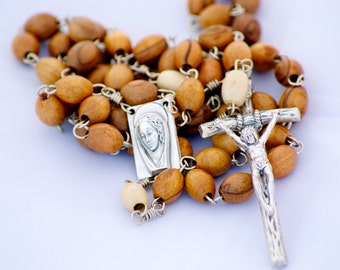 Two-Tone Wood Bead Catholic Handmade Rosary with Papal Crucifix and Blessed Mother Center Medal