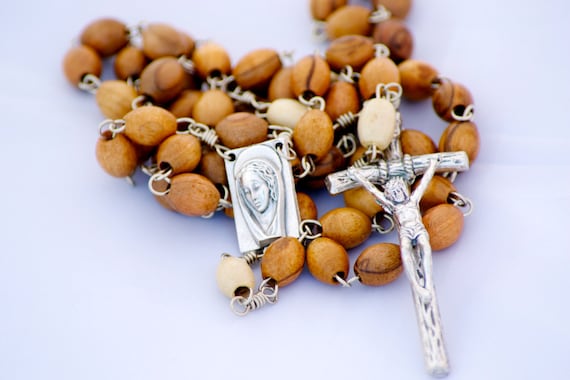 Two-Tone Wood Bead Catholic Handmade Rosary with Papal Crucifix and Blessed Mother Center Medal