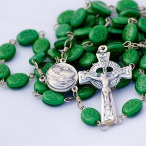 Green Shamrock Bead Handmade Catholic Rosary with Celtic Crucifix image 1