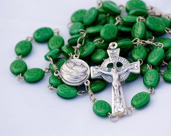 Green Shamrock Bead Handmade Catholic Rosary with Celtic Crucifix