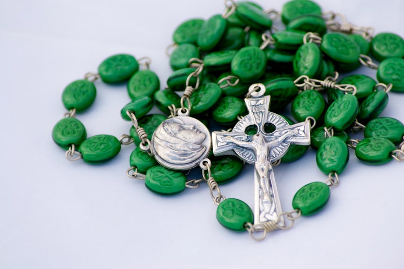 Green Shamrock Bead Handmade Catholic Rosary with Celtic Crucifix image 1