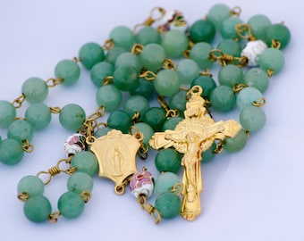 Green Aventurine Gemstone Handmade Catholic Rosary with Cloisonne Our Fathers - Gold Finish Crucifix & Miraculous Medal Center   OOAK