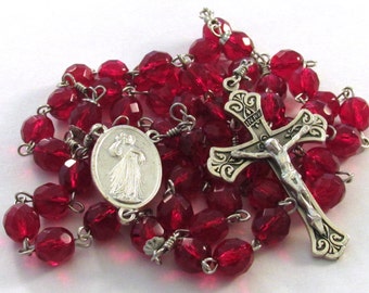 Divine Mercy Rosary Red Czech Glass Beads Handmade Catholic Devotional
