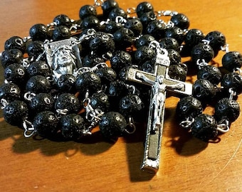 Handcrafted Lava Rock Rosary, Ecce Homo Medal, Black Volcanic Stone Prayer Beads