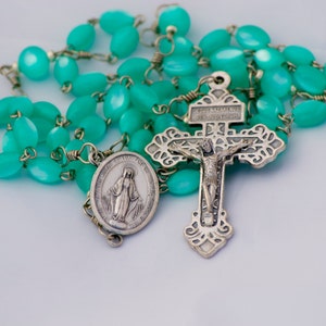 Ovarian Cancer Awareness Teal Lucite Bead Handmade Catholic Rosary with Indulgenced Pardon Crucifix