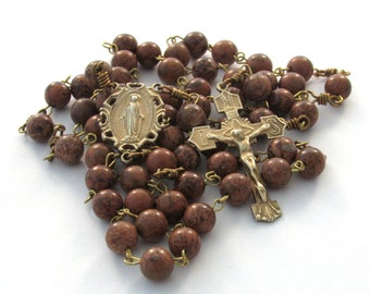 Chrysanthemum Stone Gemstone Catholic Handmade Rosary Gold Plate over Bronze Crucifix and Miraculous Medal