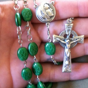 Green Shamrock Bead Handmade Catholic Rosary with Celtic Crucifix image 3