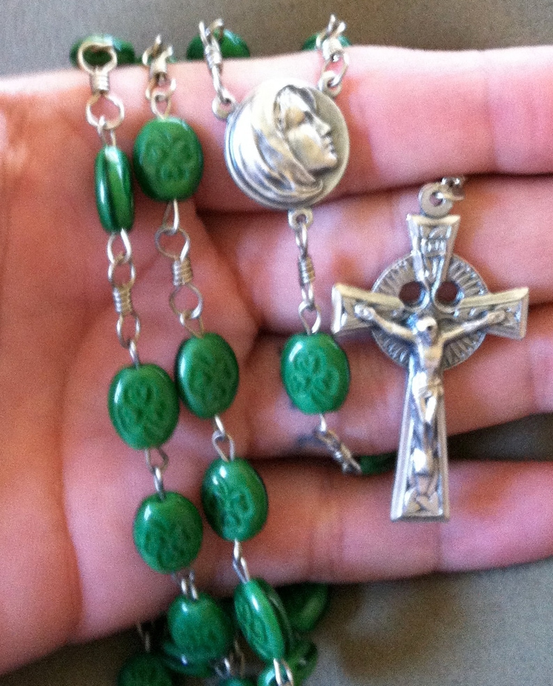 Green Shamrock Bead Handmade Catholic Rosary with Celtic Crucifix image 3