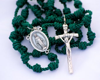 Spring Green Handmade Knotted Cord Catholic Rosary with Miraculous Medal Center and Papal Crucifix