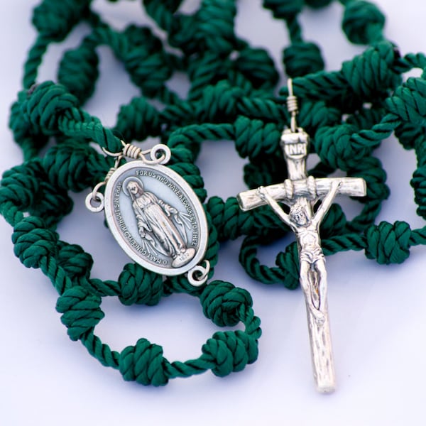 Spring Green Handmade Knotted Cord Catholic Rosary with Miraculous Medal Center and Papal Crucifix