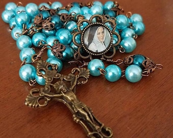 St Bernadette Bronze Capped Aqua and Teal Pearl Catholic Heirloom Handmade Rosary