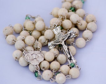 Sterling Handmade Riverstone Gemstone Erinite Swarovski Four-way Medal Catholic Rosary OOAK