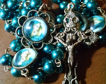 Our Lady of Sorrows Bronze Rosary with Teal Glass Pearl Beads Handmade Catholic Rosary