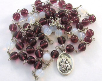 St Joseph Chaplet Amethyst & White Czech Glass Druk Bead Catholic Handmade