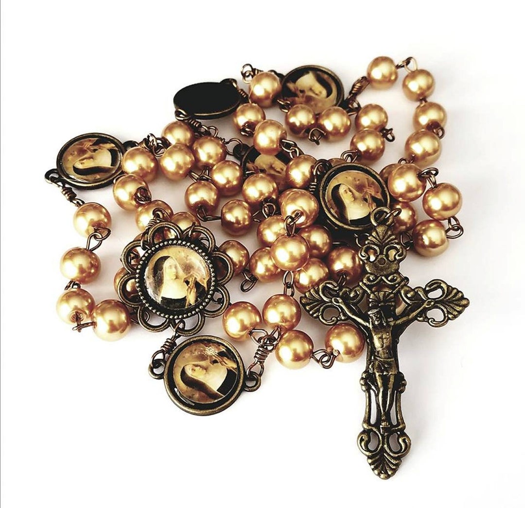 St Rita Bronze Rosary With Gold Glass Pearl Beads Handmade Catholic ...