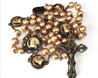 St Rita Bronze Rosary with Gold Glass Pearl Beads Handmade Catholic Heirloom