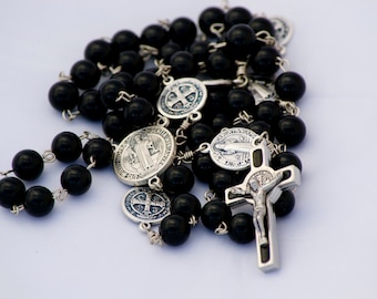 Handmade Catholic Rosary Black Onyx Gemstone with Saint Benedict Crucifix and Paters