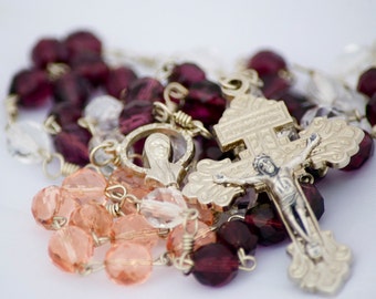 Advent Rosary Handmade Catholic Sacramental Czech Glass Beads Purple Pink & White with Pardon Crucifix