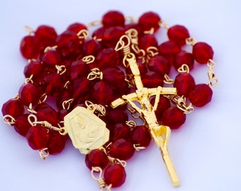 Sacred Heart of Jesus Garnet Czech Glass Gold-tone Catholic Handmade Rosary OOAK