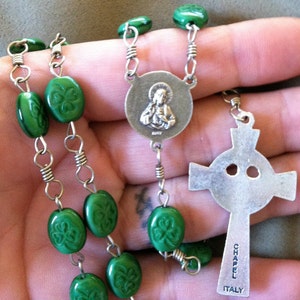 Green Shamrock Bead Handmade Catholic Rosary with Celtic Crucifix image 4