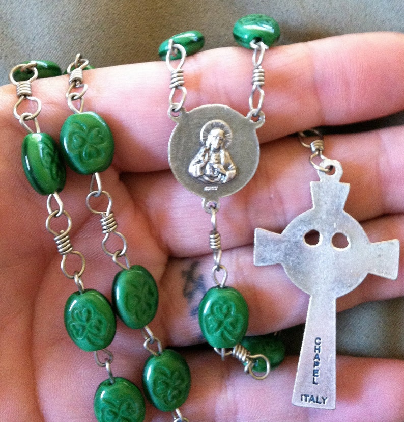 Green Shamrock Bead Handmade Catholic Rosary with Celtic Crucifix image 4