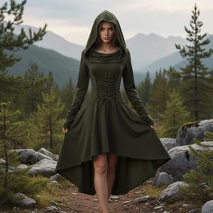 Damen Waldläuferin Kapuzen Kleid, Renaissance Korsett Schnürkleid, Waldfee Kleid, LARP LARP Cosplay Kostüm mit Kapuze.
