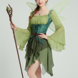 Green Fairy Elf Costume Dress, Elven Renaissance Dress for Women, Woodland Fairy Outfit, Medieval Fantasy Gown for Renfaire or LARP