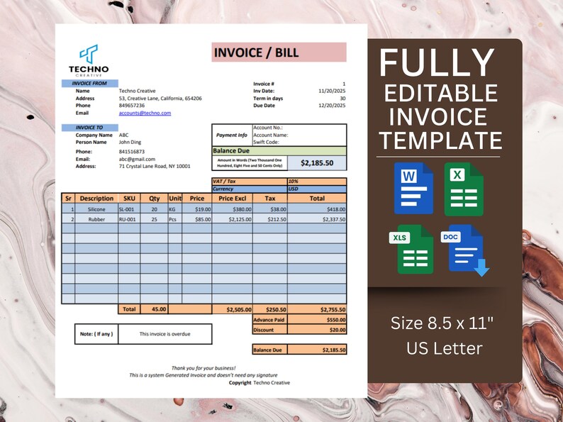 Editable Invoice Template | Professional Invoice for Small Business ...