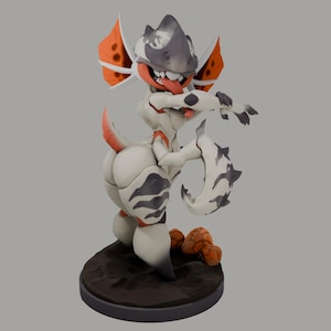 May include: A stylized figurine of a creature with a white body, gray and black markings, and orange accents. The creature has a large head with a gray and white helmet, a long tongue, and sharp teeth. It stands on a dark brown base with small orange objects.