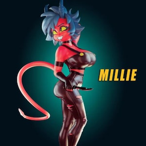 May include: A red and black figurine of a female demon with blue hair and yellow eyes. She wears a black outfit and holds a knife. The word "MILLIE" is displayed in yellow text.