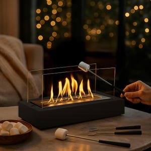 Modern Tabletop Fire Pit: 3-Hour Burn Wood & Metal | Modern Indoor/Outdoor Fireplace Decor Gift | Smokeless Bio-Ethanol | 41x16x21cm