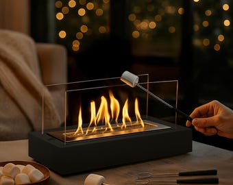 Braciere da tavolo moderno: legna e metallo che bruciano in 3 ore | Decorazione moderna per camino da interno/esterno | Bioetanolo senza fumo | 41x16x21 cm