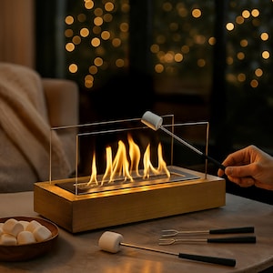 Modern bordseldstad: 3 timmars bränning med ved och metall | Modern inomhus-/utomhuseldstad, presentdekoration | Rökfri bioetanol | 41x16x21cm