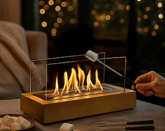 Moderne Tischfeuerstelle: 3 Stunden Brenndauer, Holz & Metall | Moderne Kamindekoration für drinnen und draußen, Geschenkidee | Rauchfreies Bioethanol | 41 x 16 x 21 cm