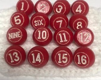Vintage Red Kelly Pool Tally Balls, Mid-Century Billiard Shaker Peas, Set of 1-16