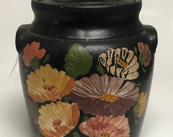 Vintage Ransburg Hand-Painted Floral Cookie Jar Black Stoneware Crock with Lid