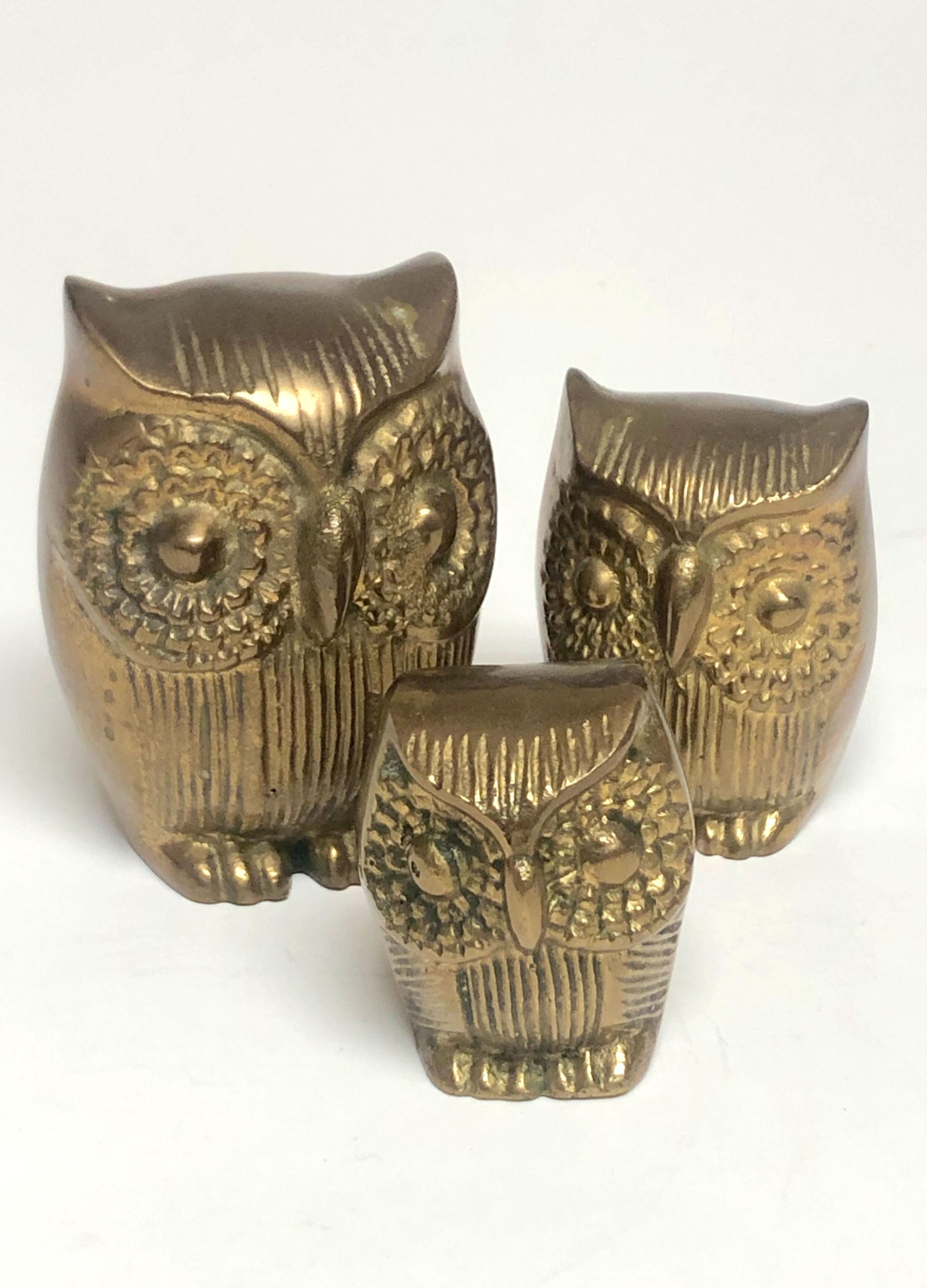 Vintage Set of 3 Solid Brass Owls MCM Paperweights Marco Polo Imports Taiwan