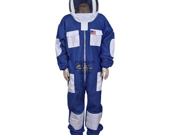 Traje de apicultura azul, traje de apicultura premium ventilado con velo de malla de 3 capas, traje unisex a prueba de picaduras para hombres y mujeres.