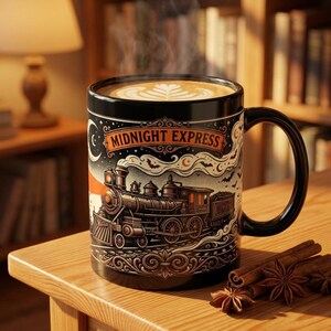Op de afbeelding: Een zwarte keramische mok gevuld met een latte met een hartvormig schuimpatroon. De mok toont een gedetailleerde illustratie van een stoomlocomotief met de tekst MIDNIGHT EXPRESS, omringd door wervelende rook, vleermuizen en een halve maan.