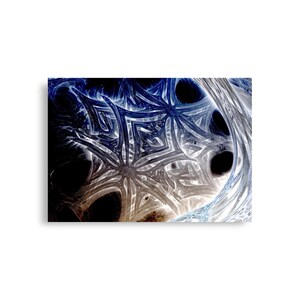 May include: Abstract art print featuring a fractal design in shades of blue, white, and brown. The artwork has a complex, swirling pattern with star-like shapes and dark voids, creating a dynamic visual effect.