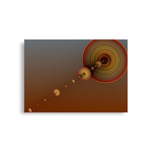May include: Abstract art print with concentric circles in yellow, orange, and red, linked by a line of small spheres. The background gradient shifts from grey to brown, creating a sense of depth.