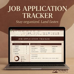 May include: A laptop displaying a "Job Application Tracker" spreadsheet. The screen shows application statuses and upcoming interview details. The text "Stay organized. Land faster." is above the laptop.