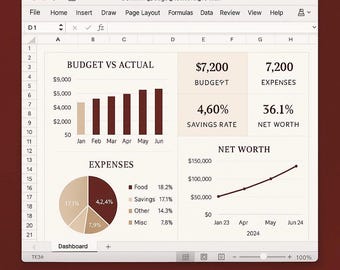 Excel Budget Dashboard: Net Worth Tracker, Financial Planner (Digital Download)