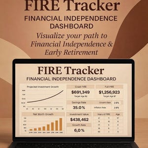 Planilha Excel para Acompanhamento da Independência Financeira (FIRE) | Calculadora de Independência Financeira | Coast FIRE | Barista FIRE | Planejador de Aposentadoria | Download Imediato