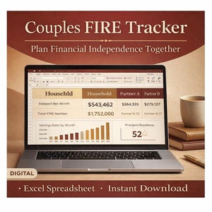 May include: A laptop displays a financial spreadsheet titled "Couples FIRE Tracker." The screen shows financial data, including net worth and savings. A coffee cup, books, and a pen are next to the laptop. The image includes the text "Plan Financial Independence Together."