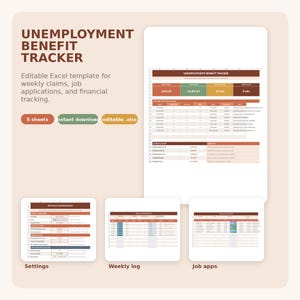 Könnte beinhalten: Ein digitales Produkt-Mockup einer Excel-Vorlage mit dem Titel "UNEMPLOYMENT BENEFIT TRACKER". Die Vorlage dient zur Verfolgung wöchentlicher Ansprüche, Bewerbungen und Finanzinformationen. Das Bild enthält Screenshots der verschiedenen Abschnitte der Vorlage, wie z. B. Einstellungen und Wochenprotokolle.