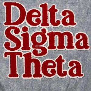 May include: A red and white embroidered patch with the words "Delta Sigma Theta" in a stacked arrangement. The letters are red with a white border, set against a light blue fabric background.