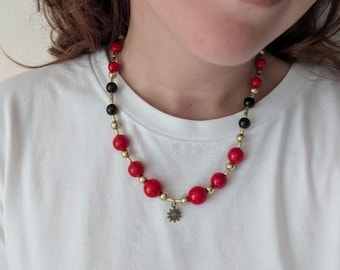 Red Beaded Statement Necklace, Bronze Sun Pendant, Ukrainian Folk Style